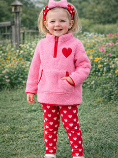 Valentine Pink Sherpa Heart Top with Red Heart Leggings and Bow Headband