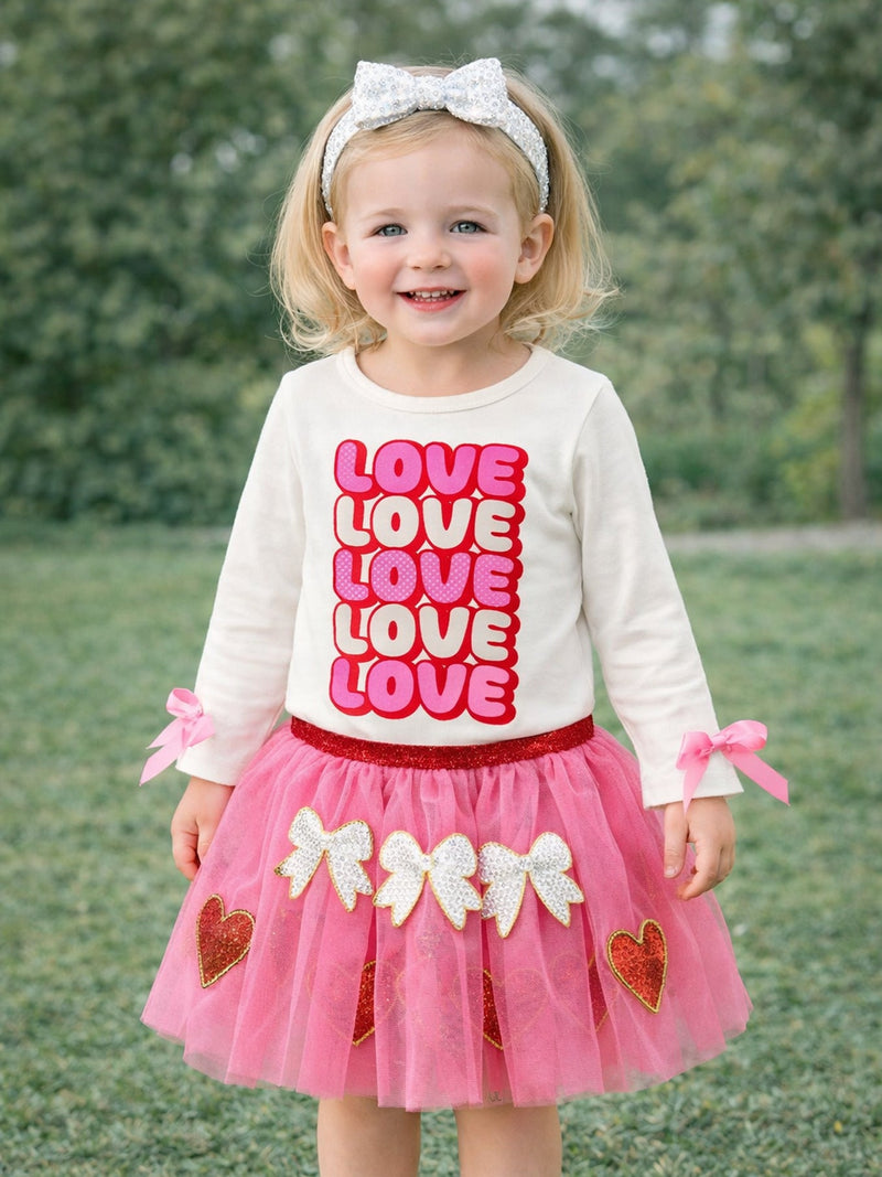 Valentine's Day Love Print Top + Girls' Tulle Skirt Set