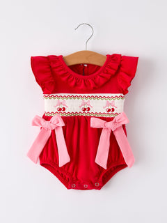 Red Cherry Bow Smocking Embroidery Girls' Romper