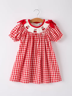 Red Cherry Bow Plaid Smocking Embroidery Girls'  Dress