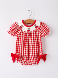 Red Cherry Bow Plaid Smocking Embroidery Girls' Romper