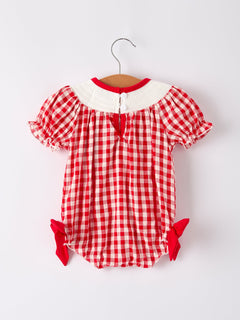 Red Cherry Bow Plaid Smocking Embroidery Girls' Romper