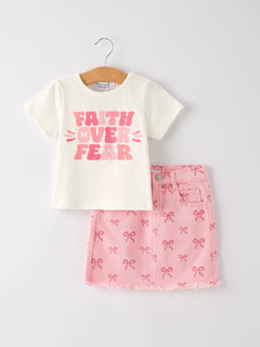 Girls Set Letter T-shirt + Pink Bow Printed Denim Skirt
