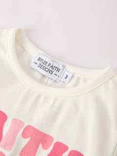 Girls Set Letter T-shirt + Pink Bow Printed Denim Skirt