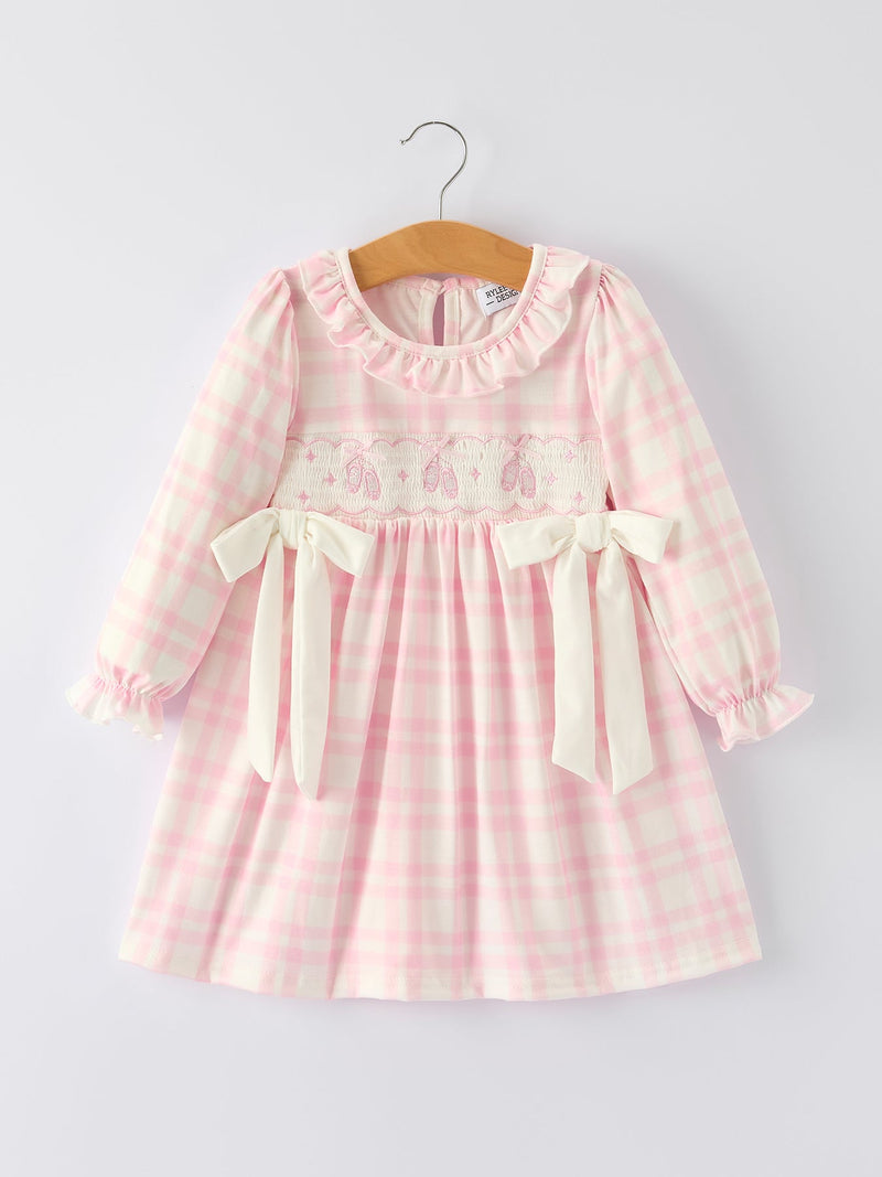 Pink Plaid Ruffle Ballet Shoe Embroidery Long Sleeve Dress