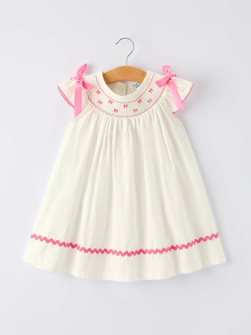 Fall White Girls Dress with Pink Bow Embroidery