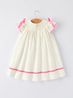 Fall White Girls Dress with Pink Bow Embroidery