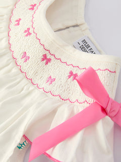 Fall White Girls Dress with Pink Bow Embroidery