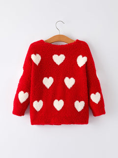 Valentine’s Day Girls Red Heart Pattern Fuzzy Knit Cardigan with Front Pockets