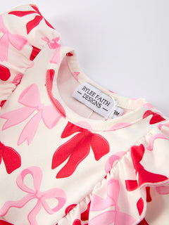 Baby Girls Valentine’s Bow Print Long Sleeve Ruffle Romper