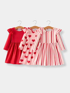 Valentine’s Girls Long Sleeve 3-Piece Dress Set with Hearts and Stripes