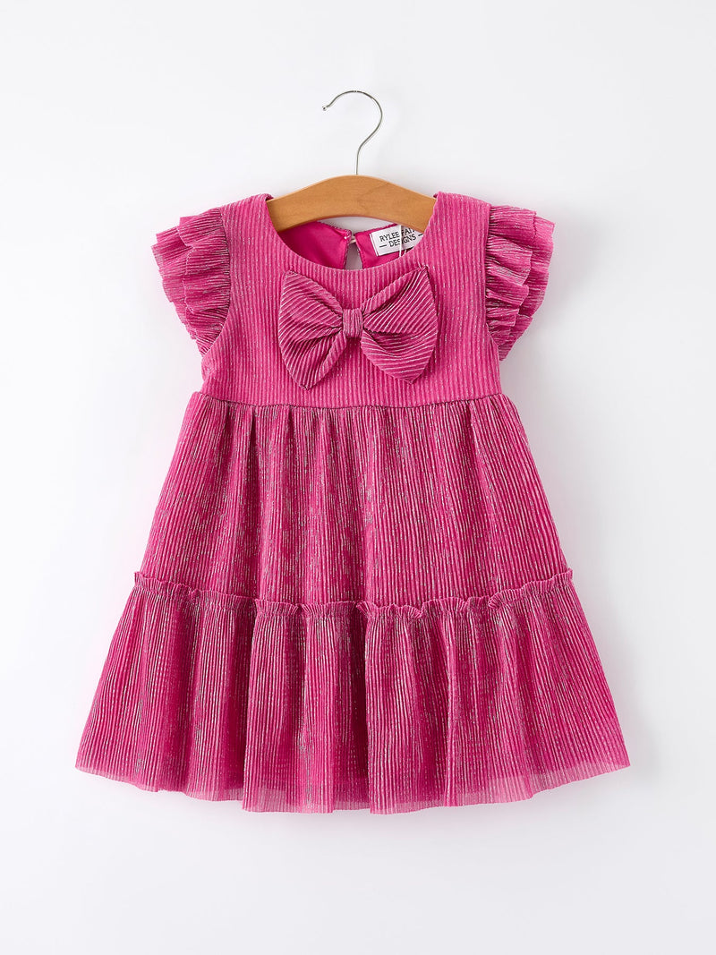 Girls Pink Bow Print Short Sleeve Dress