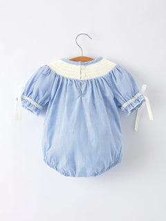 Baby Girls Romper – Blue Striped Smocked Outfit with Short Sleeves