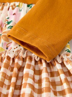 Autumn Patchwork Floral & Plaid Long Sleeve Girls Dress