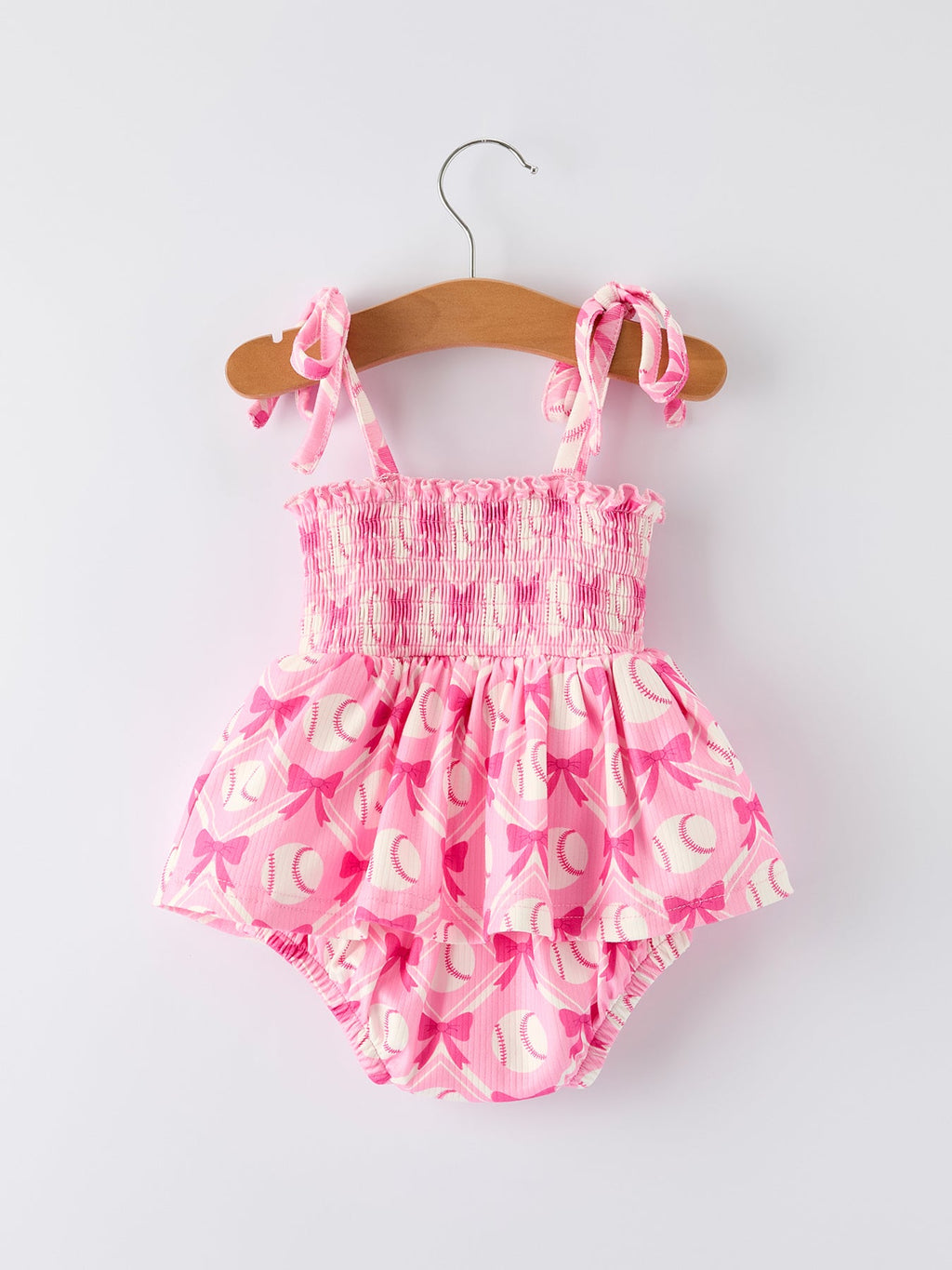 Baby Girl Pink Baseball Bow Print Romper Summer Outfit