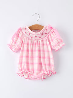 Valentine's Day Pink Plaid Smocked Heart Embroidery Girls Romper