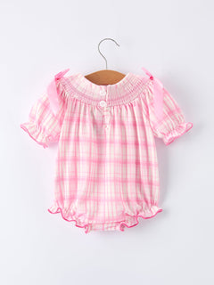 Valentine's Day Pink Plaid Smocked Heart Embroidery Girls Romper
