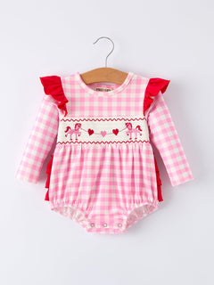 Valentine Pink Plaid Baby Girls Romper with Horse & Heart Smocking