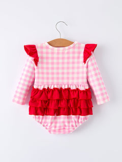 Valentine Pink Plaid Baby Girls Romper with Horse & Heart Smocking