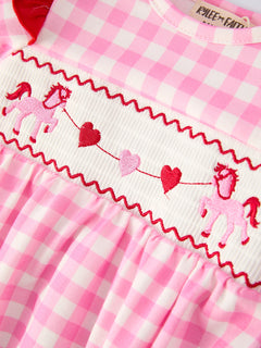 Valentine Pink Plaid Baby Girls Romper with Horse & Heart Smocking