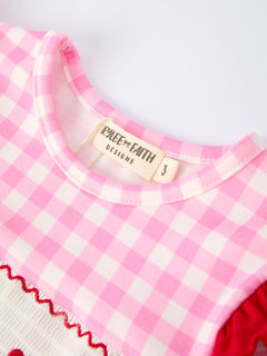 Valentine Pink Plaid Girls Dress with Horse & Heart Smocking Embroidery