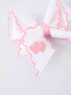 Valentine's Day Heart Embroidered White Girls Bow Hairpin 4 Inch