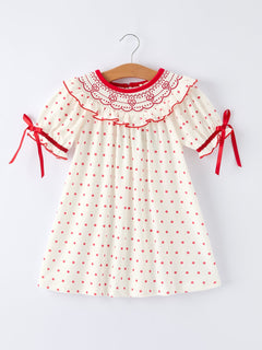 Valentine's Day Polka Dot Girls' Dress with Smocking Embroidery