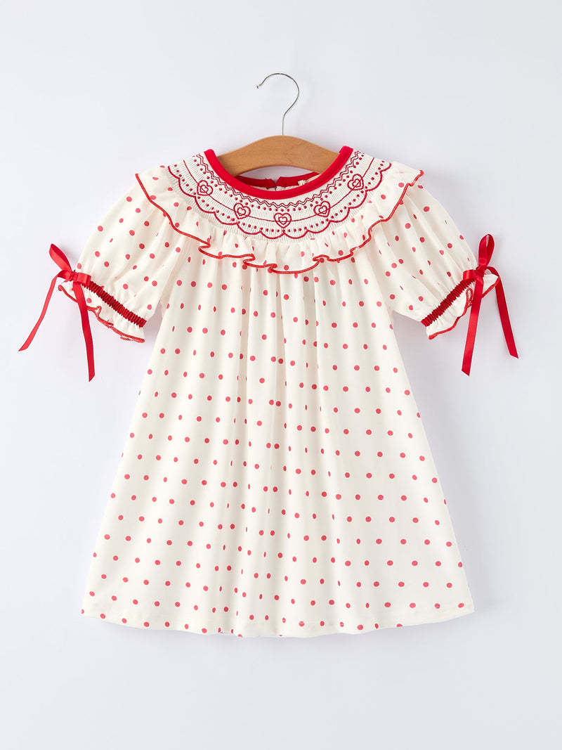 Valentine's Day Polka Dot Girls' Dress with Smocking Embroidery