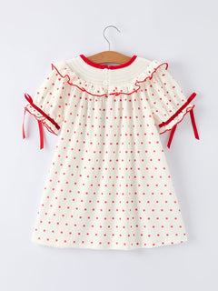 Valentine's Day Polka Dot Girls' Dress with Smocking Embroidery