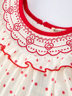 Valentine's Day Polka Dot Girls' Dress with Smocking Embroidery