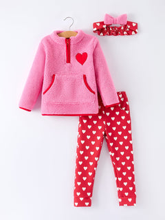 Valentine Pink Sherpa Heart Top with Red Heart Leggings and Bow Headband