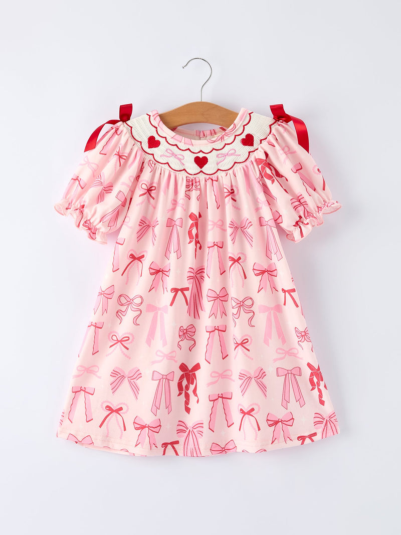 Girls' Valentine's Day Heart Bow Embroidered Dress