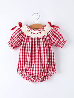 Valentine Red Plaid Romper with Smocked Heart Dog Detail and Bows