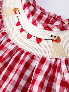 Valentine Red Plaid Dress with Smocked Heart Dog Detail and Bows