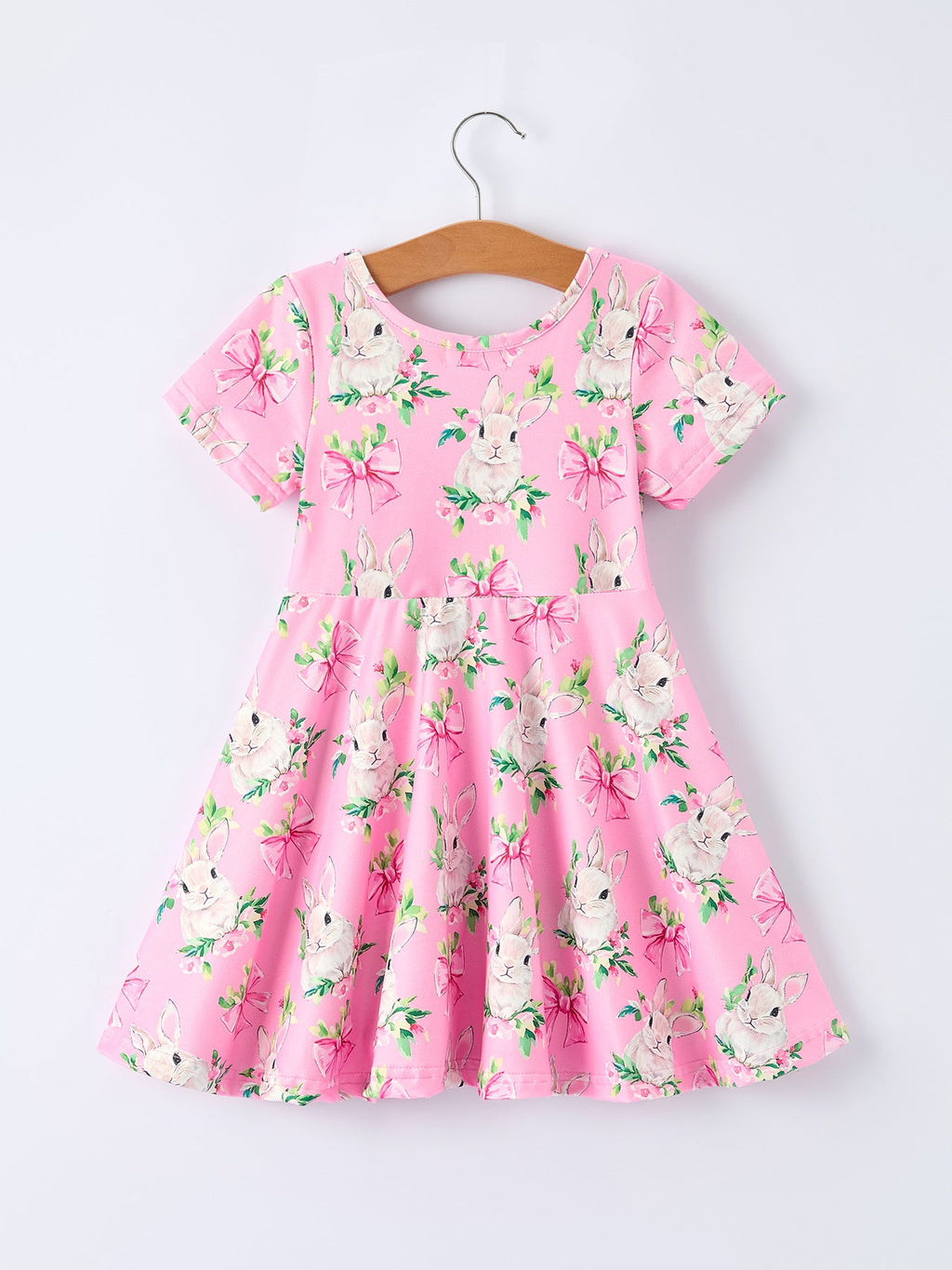 Easter Pink Bunny Floral Print Short Sleeve Dress