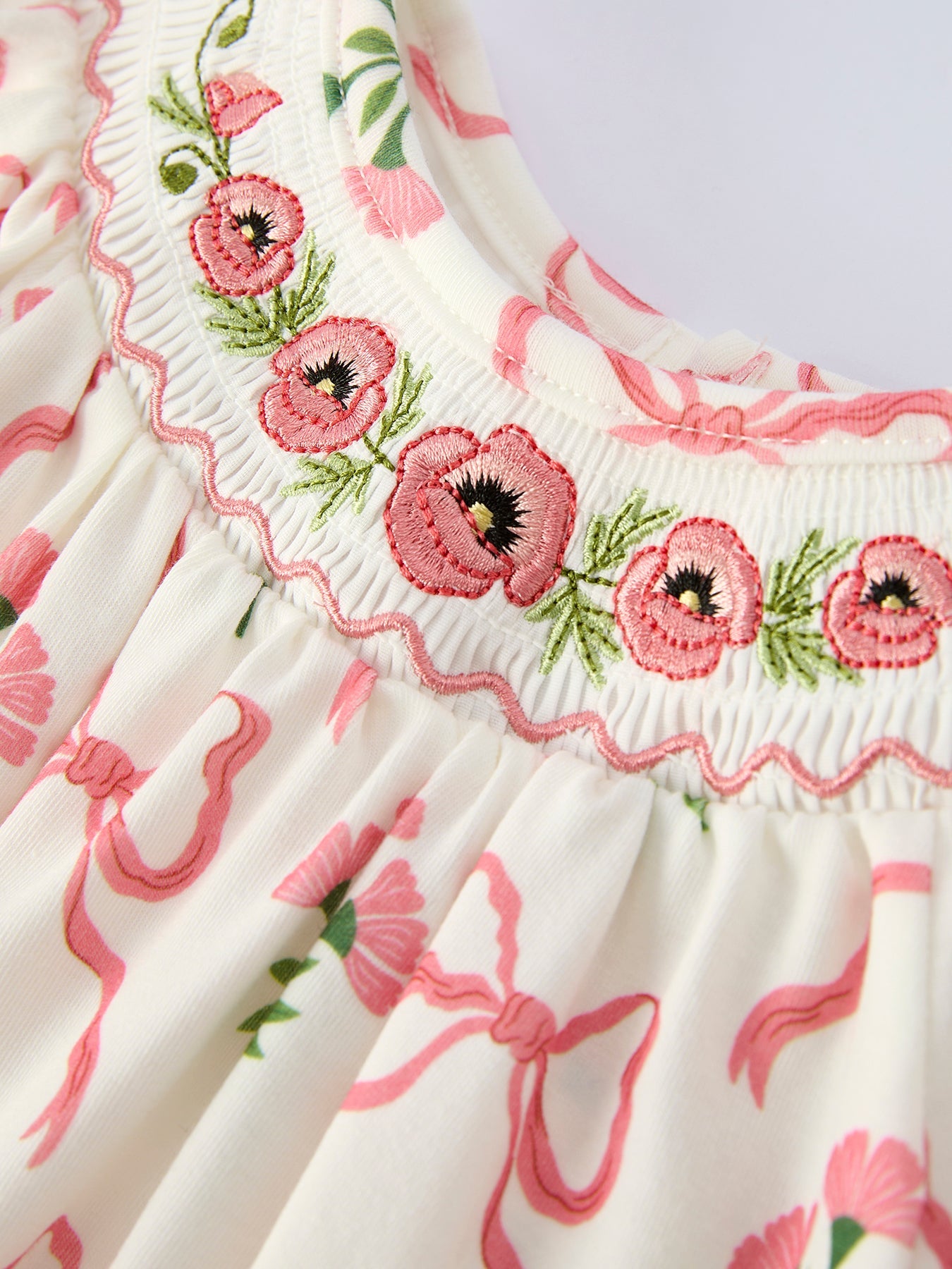 Spring Floral Smocking Embroidery Bow Baby Girls Romper