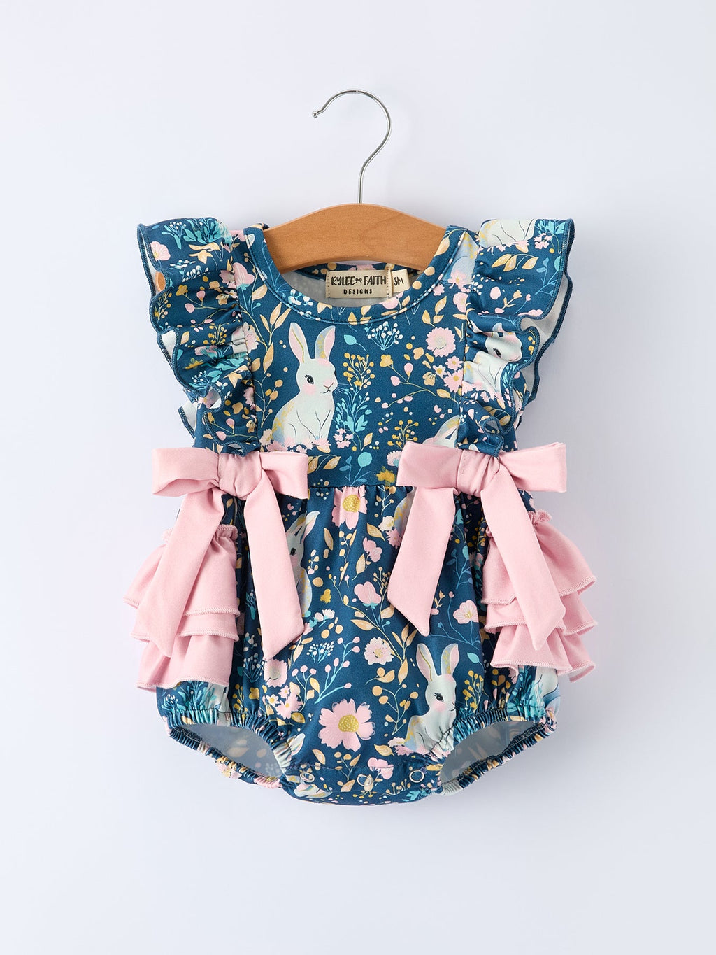 Teal Easter Bunny Garden Ruffle Sleeve Baby Girls Romper