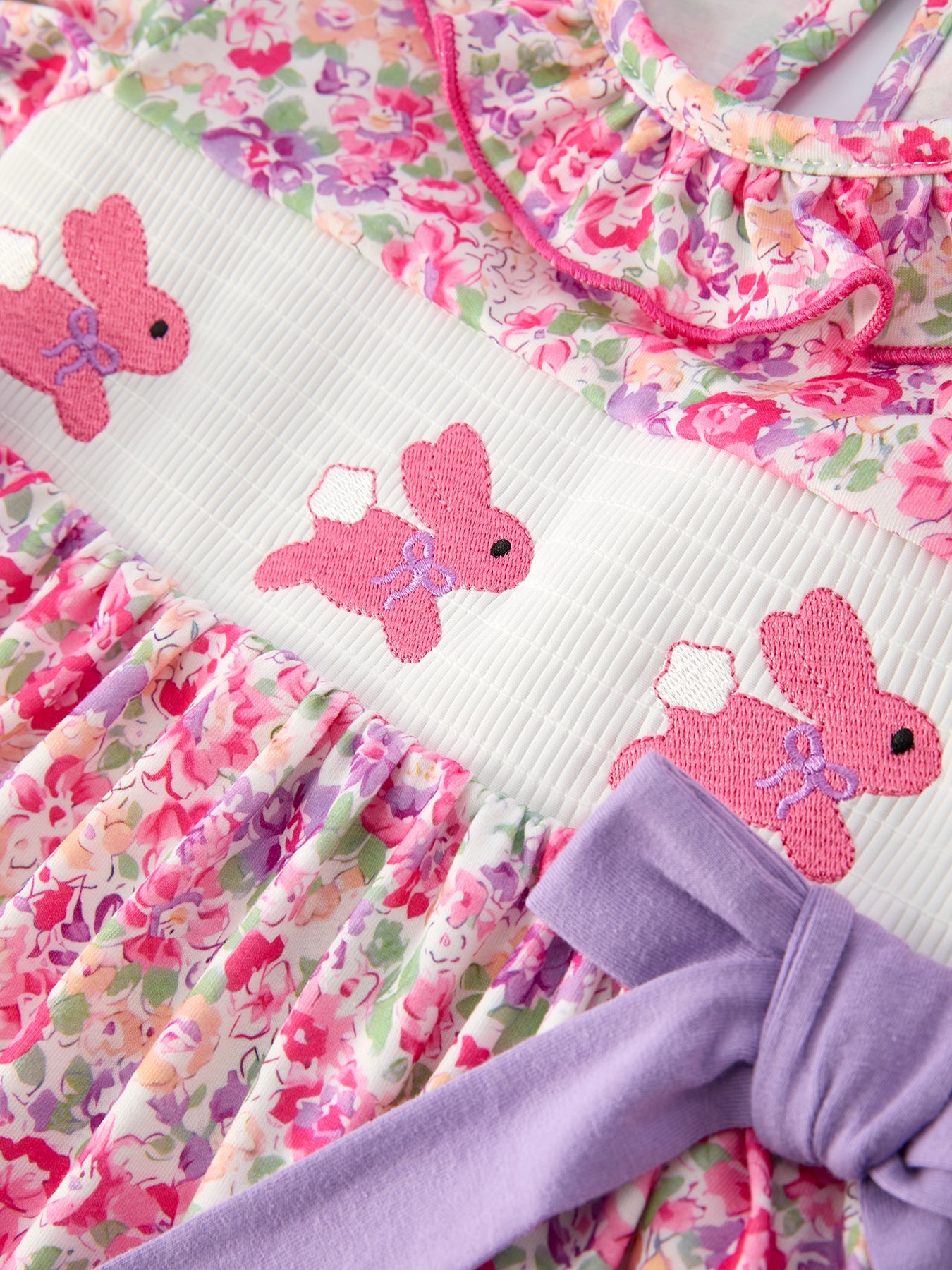 Easter Colorful Floral Bunny Embroidery Bow Ruffle Girl Dress