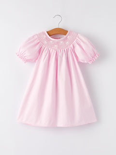 White Bow Smock Embroidered Pink Dress
