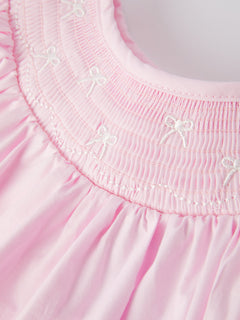 White Bow Smock Embroidered Pink Dress