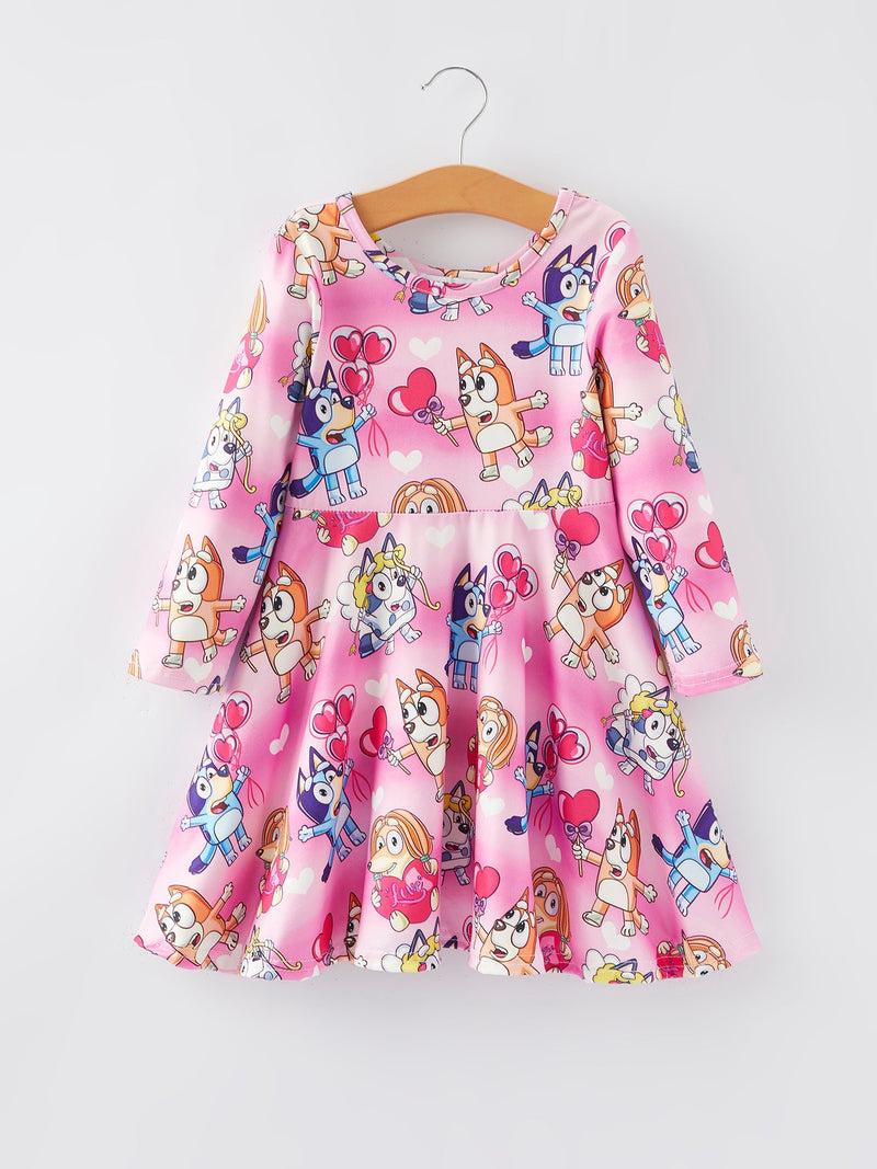 Pink Print  Girls Long Sleeve Girls Twirly Dress