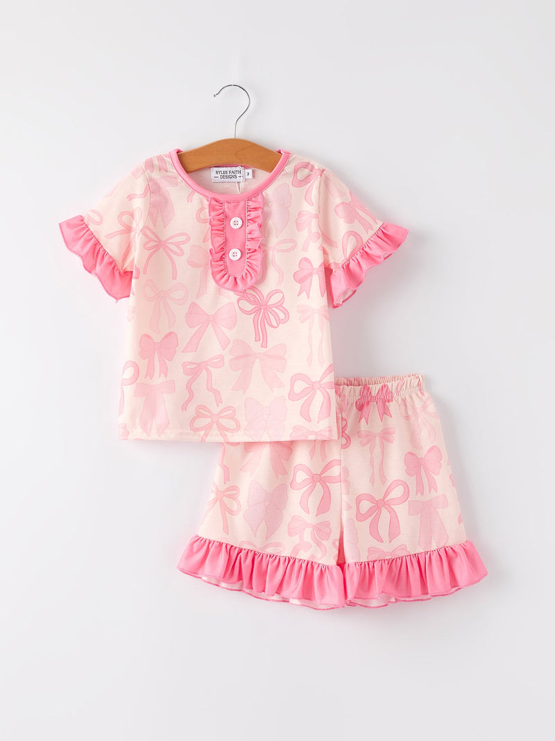 Girls Pink Bow Print Pajamas Set