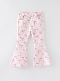 Fall Girls Pink Bow Print Elastic Flared Jeans Denim pant