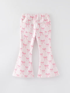 Fall Girls Pink Bow Print Elastic Flared Jeans Denim pant