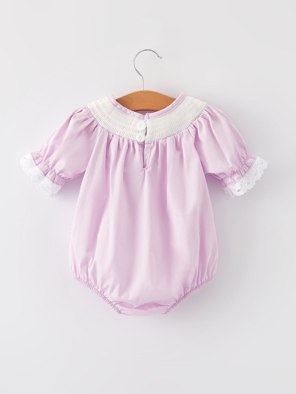Girls Easter Bunny Smocking Embroidered Lace Cuff Purple Romper