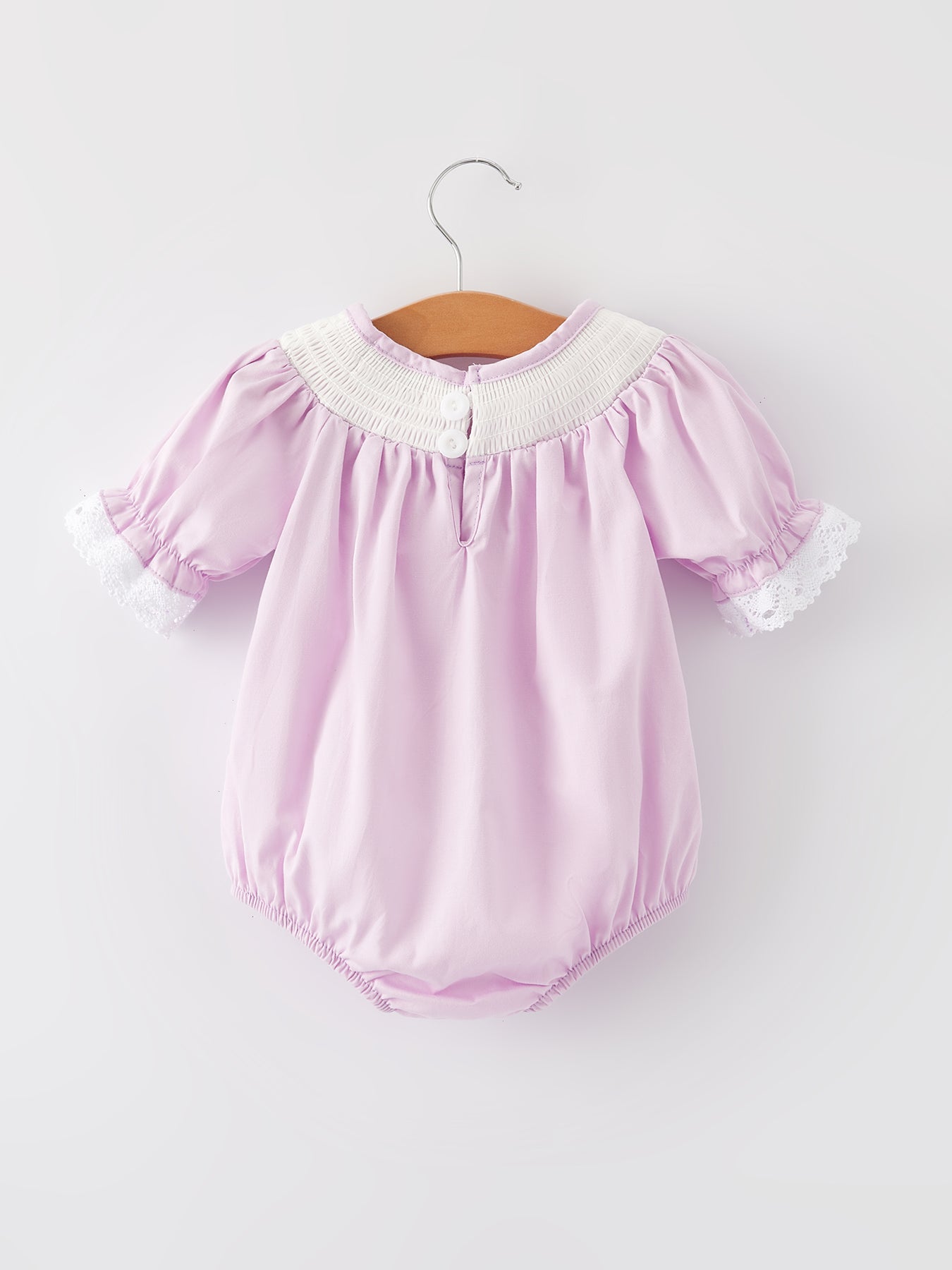 Girls Easter Bunny Smocking Embroidered Lace Cuff Purple Romper