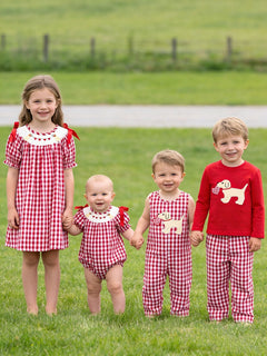 Valentine Red Plaid Dress with Smocked Heart Dog Detail and Bows
