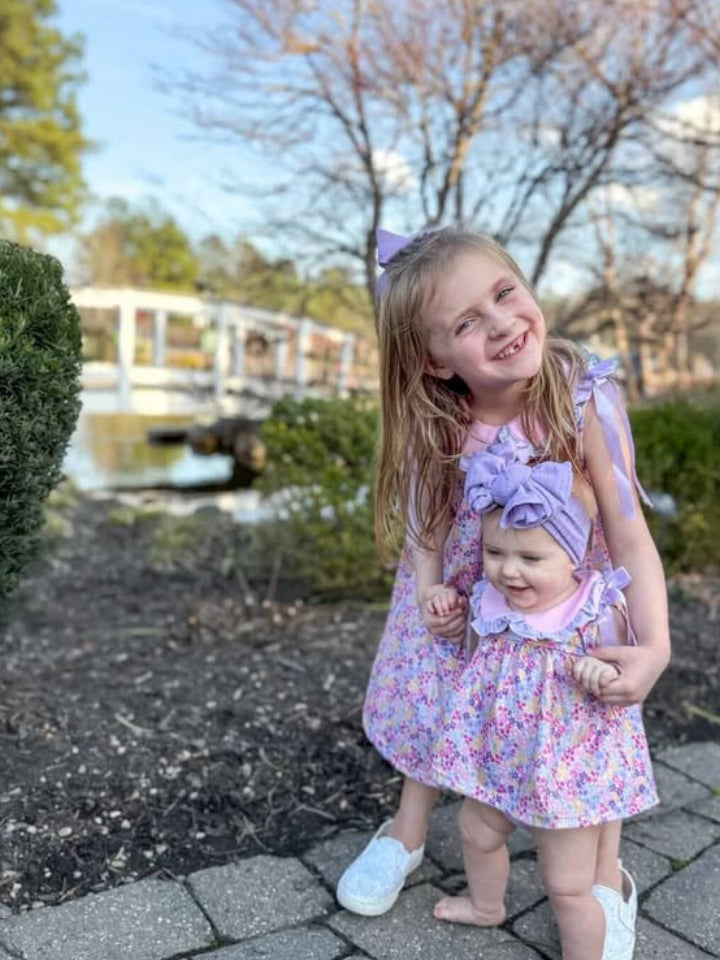 Summer Purple Floral Bow Ruffle Girls Dress
