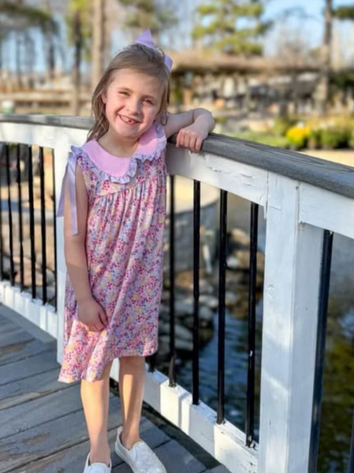 Summer Purple Floral Bow Ruffle Girls Dress