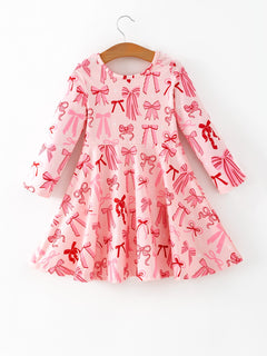 Toddler Girls Valentine Bow Print Long Sleeves Dress